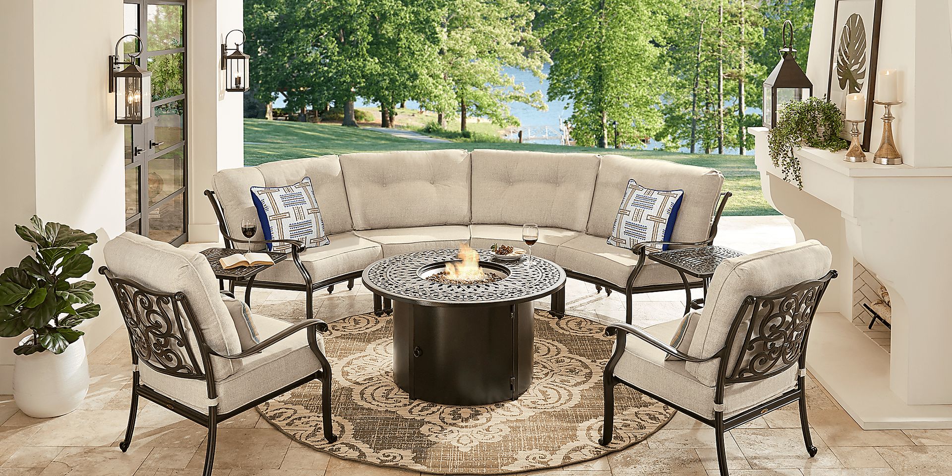 Cindy Crawford Home Lake Como Antique Bronze 5 Pc Sectional Fire Pit Set with Mushroom Cushions - Image 1