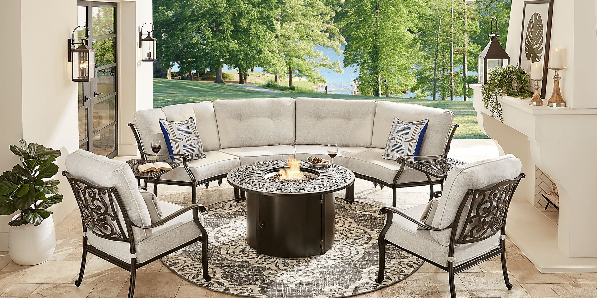 Cindy Crawford Home Lake Como Antique Bronze 5 Pc Sectional Outdoor Fire Pit Set with Ash Cushions - Image 1