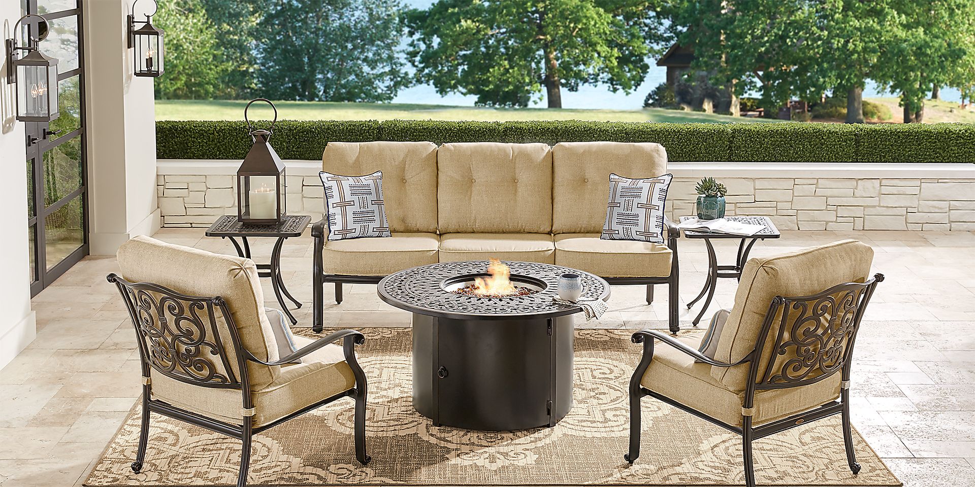 Cindy Crawford Home Lake Como Antique Bronze 6 Pc Outdoor Fire Pit Set with Gold Cushions - Image 1