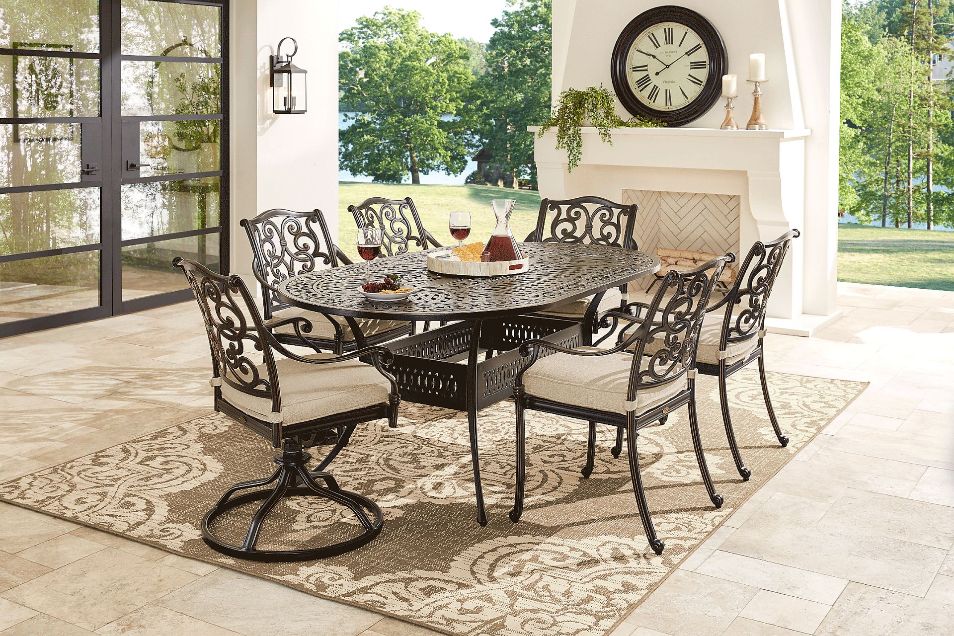 Lake Como Antique Bronze 7 Pc Oval Outdoor Dining Set with Malt Cushions - Image 1