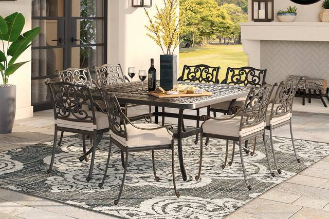 Lake Como Antique Bronze 9 Pc Square Outdoor Dining Set with Coconut Cushions - Thumbnail - Image 1