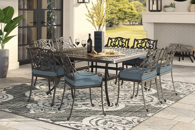 Lake Como Antique Bronze 9 Pc Square Outdoor Dining Set with Rivera Cushions - Thumbnail - Image 1