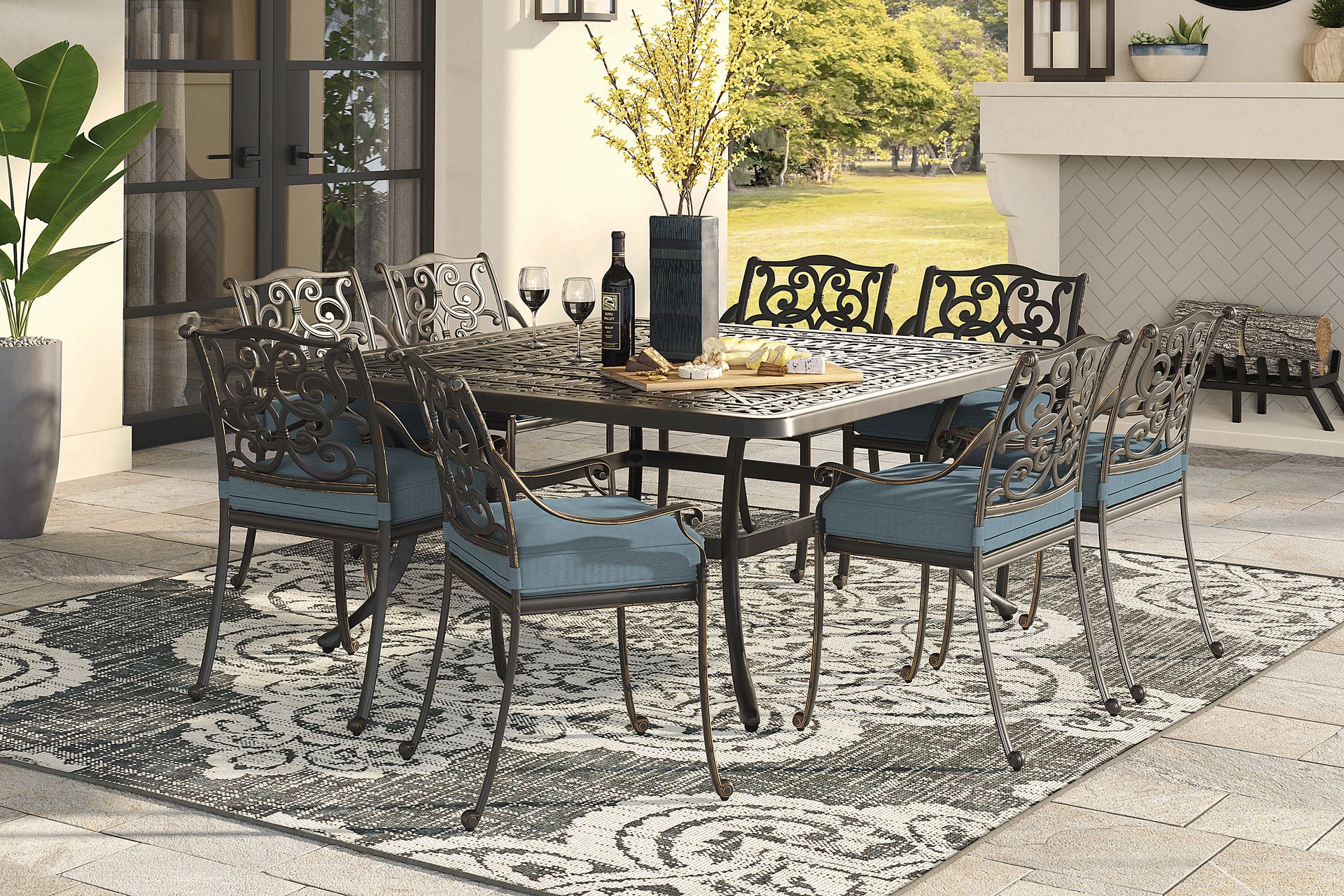 Lake Como Antique Bronze 9 Pc Square Outdoor Dining Set with Rivera Cushions - Image 1