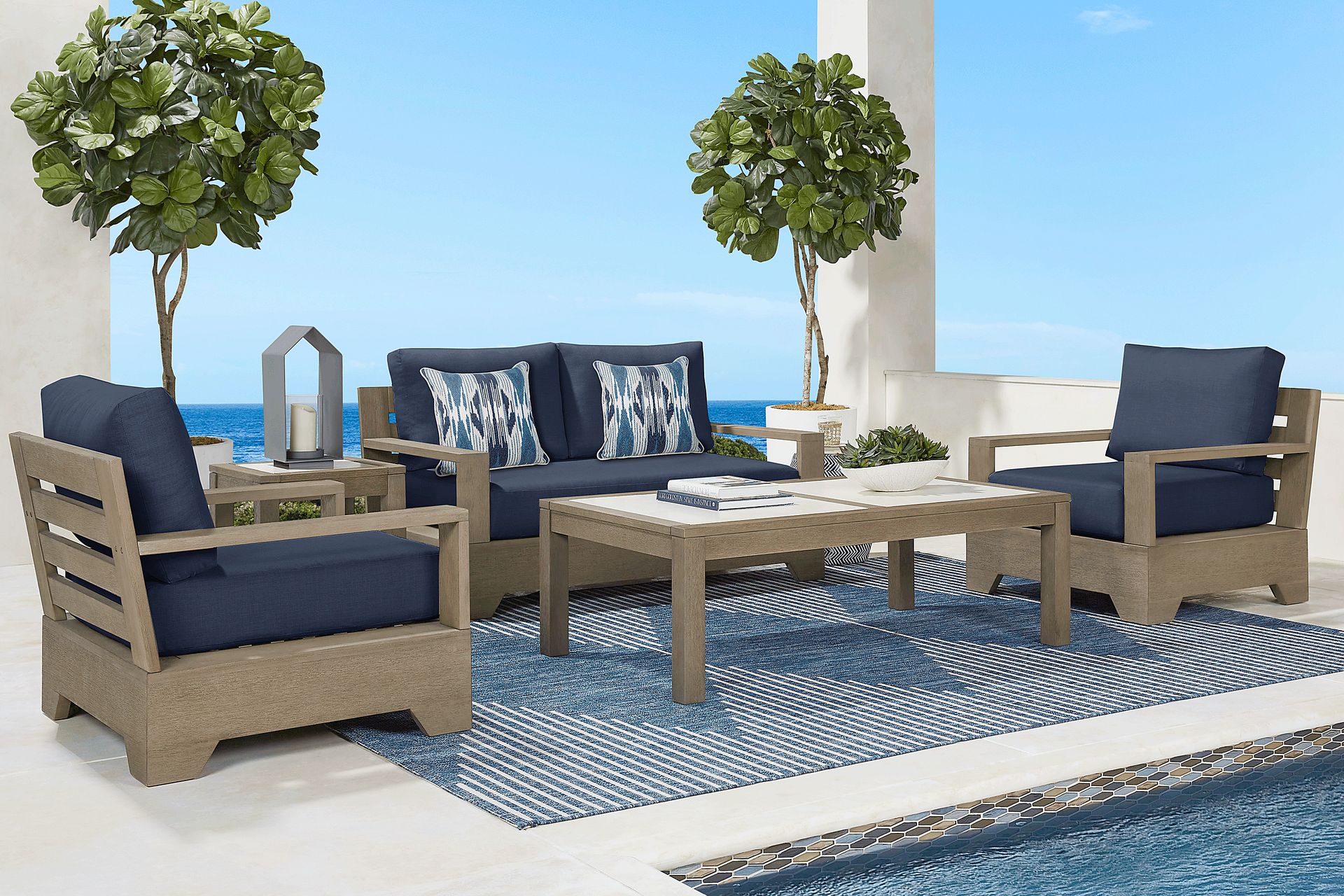 Lake Tahoe Gray 4 Pc Outdoor Loveseat Seating Set with Indigo Cushions - Image 1
