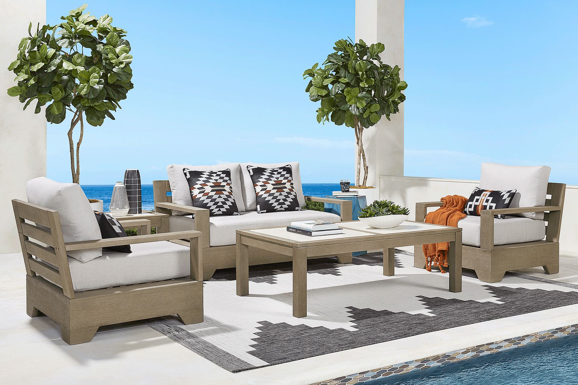 Lake Tahoe Gray 4 Pc Outdoor Loveseat Seating Set with Seagull Cushions - Image 1