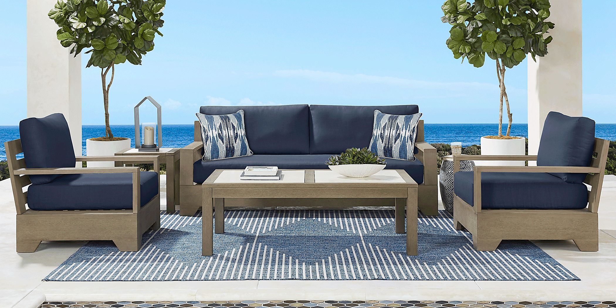 Cindy Crawford Home Lake Tahoe Gray 4 Pc Outdoor Sofa Seating Set with Indigo Cushions Rooms To Go