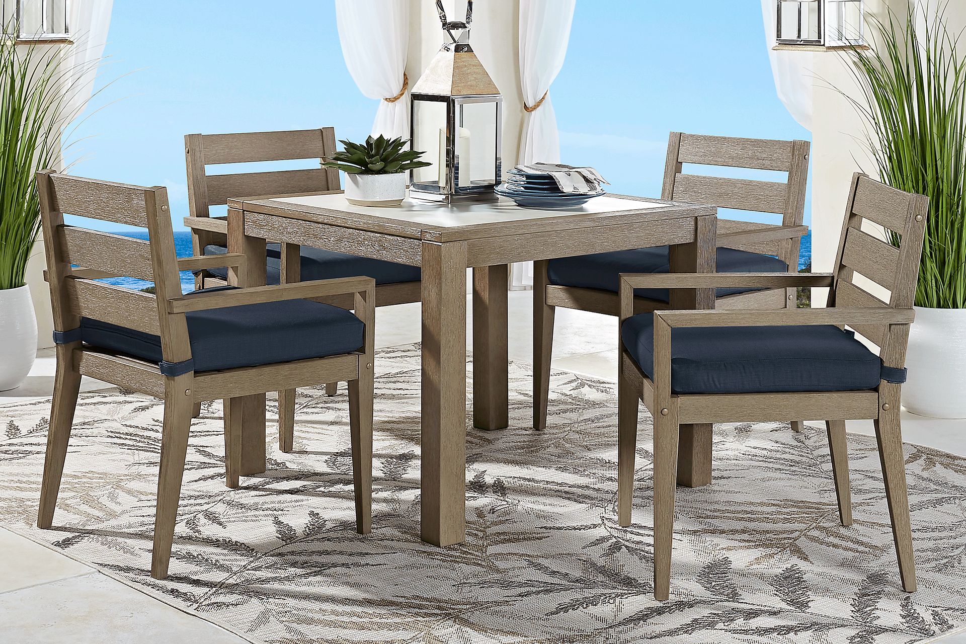 Lake Tahoe Gray 5 Pc Square Outdoor Dining Set with Indigo Cushions - Image 1