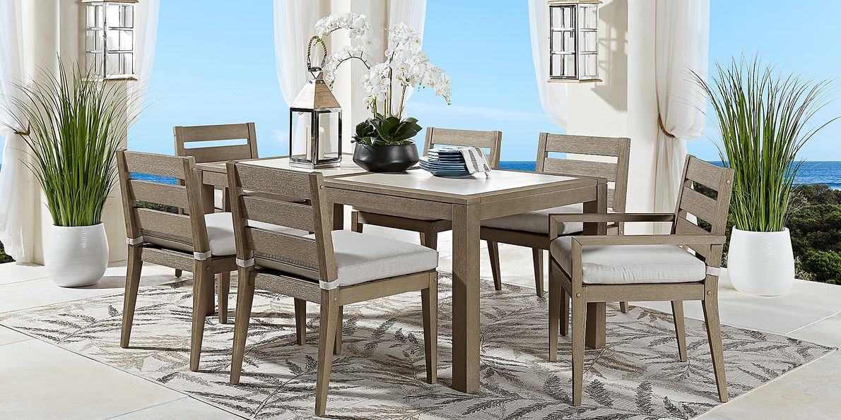 Cindy Crawford Lake Tahoe 7 Pc Gray Beige Wood Outdoor Dining Set