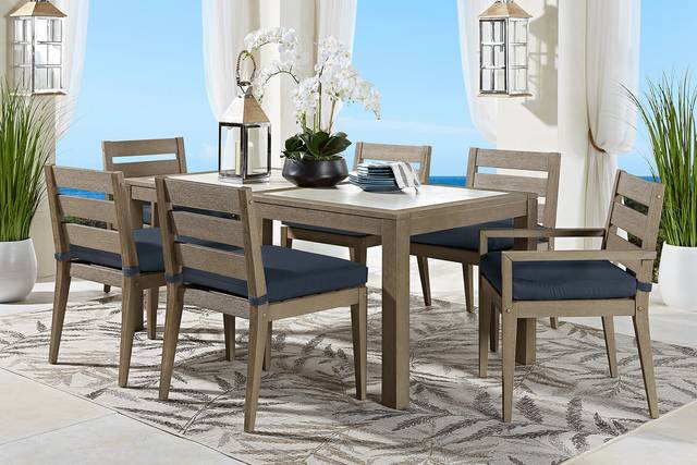 Lake Tahoe Gray 7 Pc Rectangle Outdoor Dining Set with Indigo Cushions - Thumbnail - Image 1