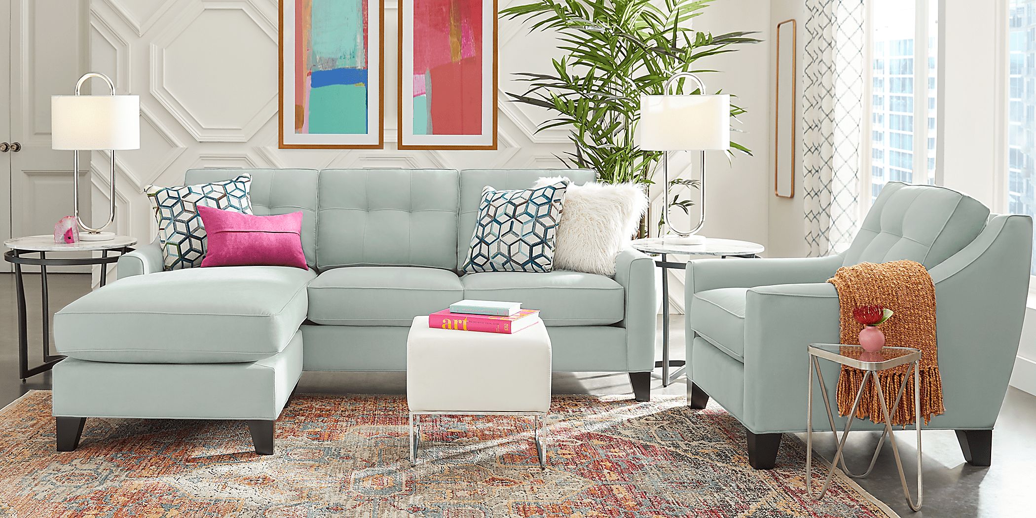 Cindy Crawford Madison Place Aqua Blue Microfiber Sleeper Chaise Sofa Rooms to Go
