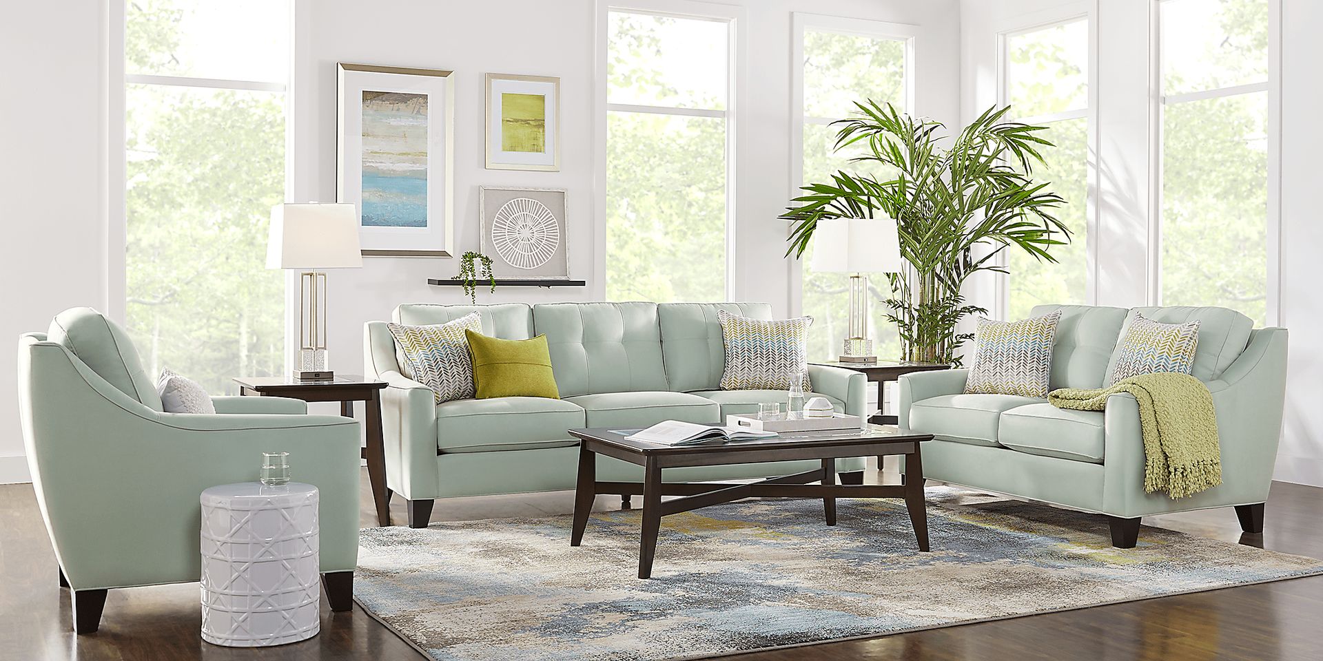 Cindy Crawford Home Madison Place Aqua Microfiber 5 Pc Living Room - Image 1