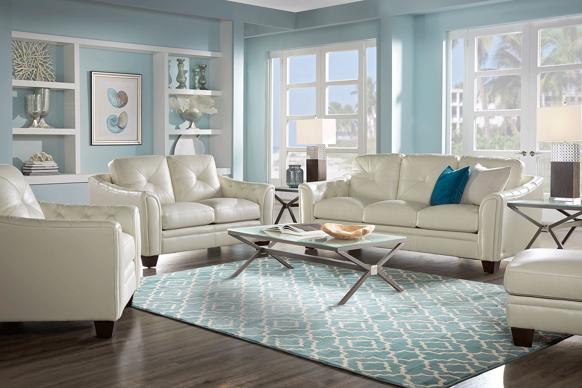 Cindy Crawford Home Marcella Ivory Leather 3 Pc Living Room - Image 1
