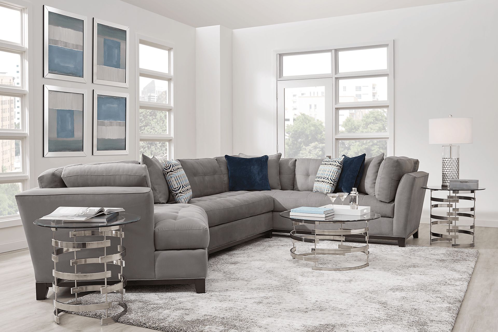 Cindy Crawford Home Metropolis Way Gray Textured 3 Pc Sectional with Cuddler - Image 2