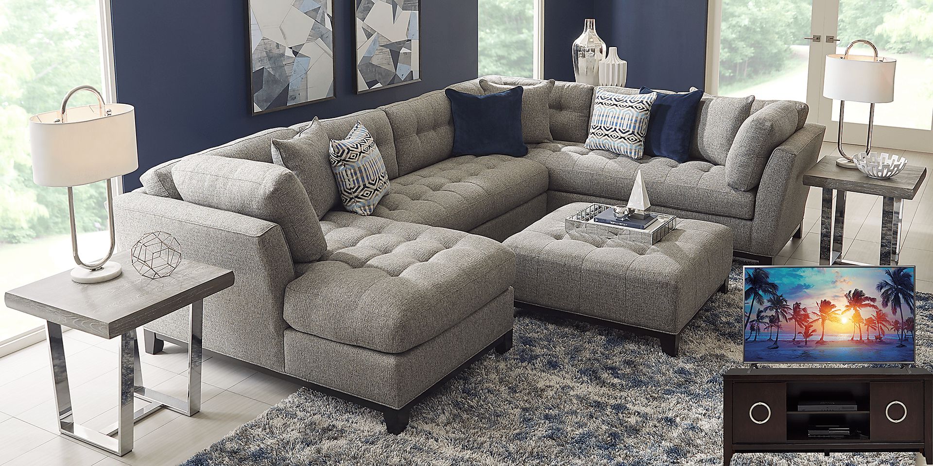 Cindy Crawford Home Metropolis Way Gray Textured 5 Pc Sectional Living Room Plus 70 in. TV - Image 1