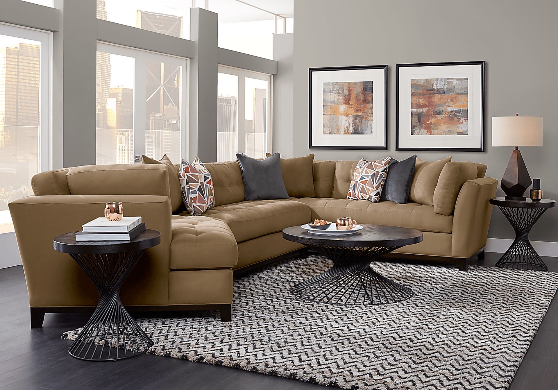 Cindy Crawford Home Metropolis Way Khaki Microfiber 3 Pc Sectional with Cuddler - Image 1
