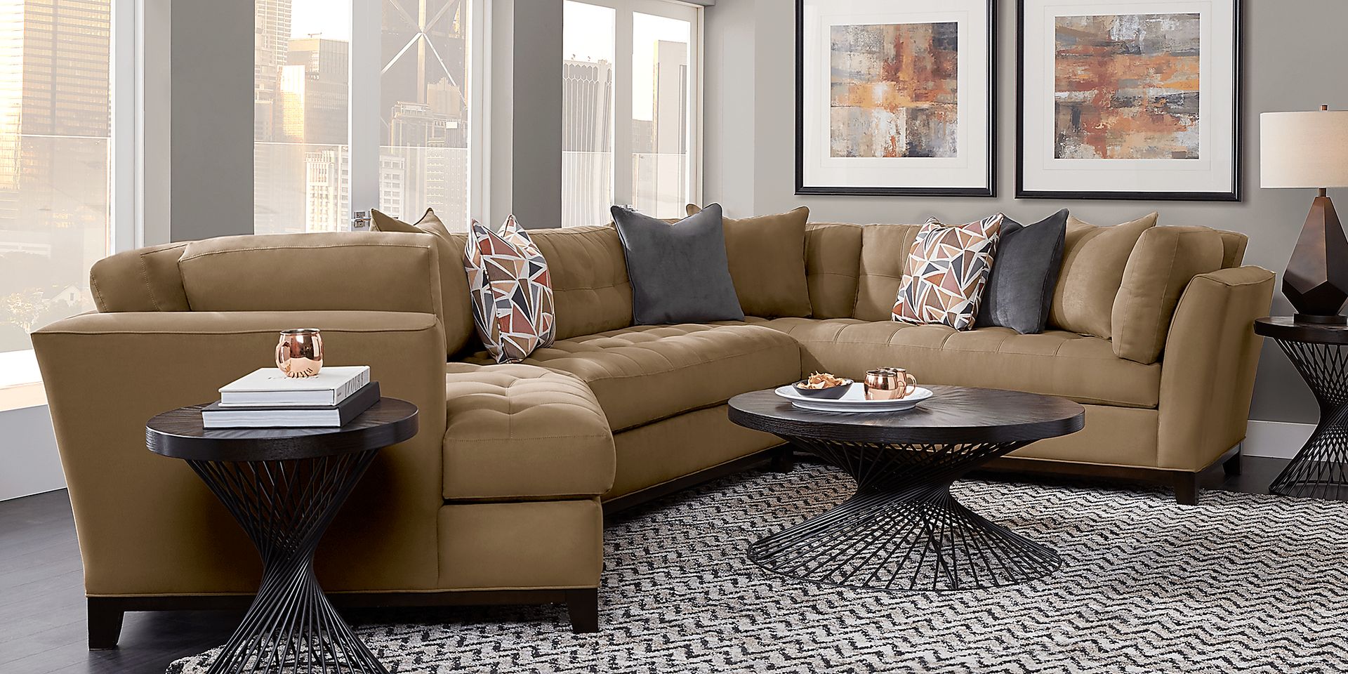Cindy Crawford Home Metropolis Way Khaki Microfiber 3 Pc Sectional with Cuddler - Image 2