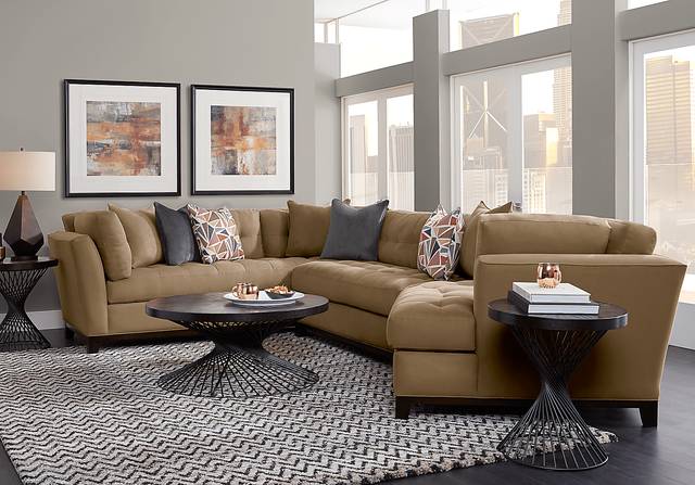 Cindy Crawford Home Metropolis Way Khaki Microfiber 3 Pc Sectional with Cuddler - Thumbnail - Image 1