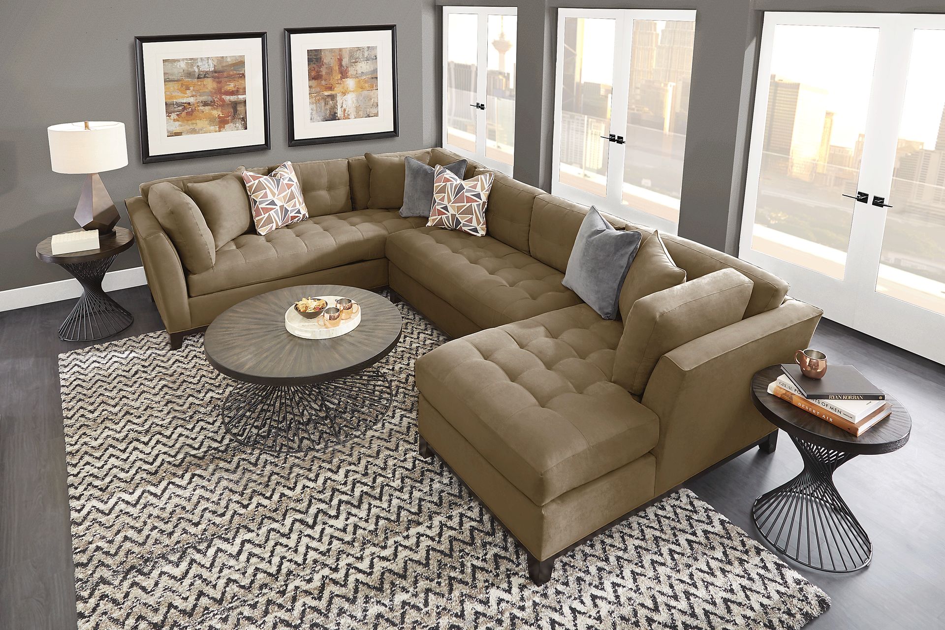Cindy Crawford Home Metropolis Way Khaki Microfiber 3 Pc Sectional - Image 2