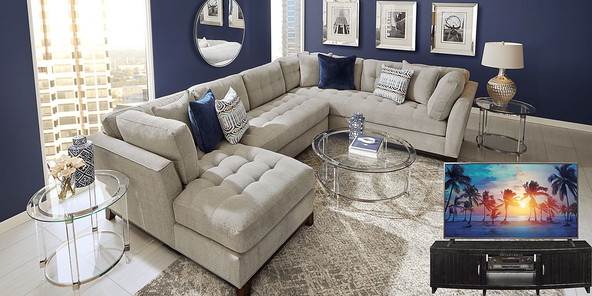 Cindy Crawford Home Metropolis Way Platinum Textured 5 Pc Sectional Living Room Plus 70 in. TV - Image 1
