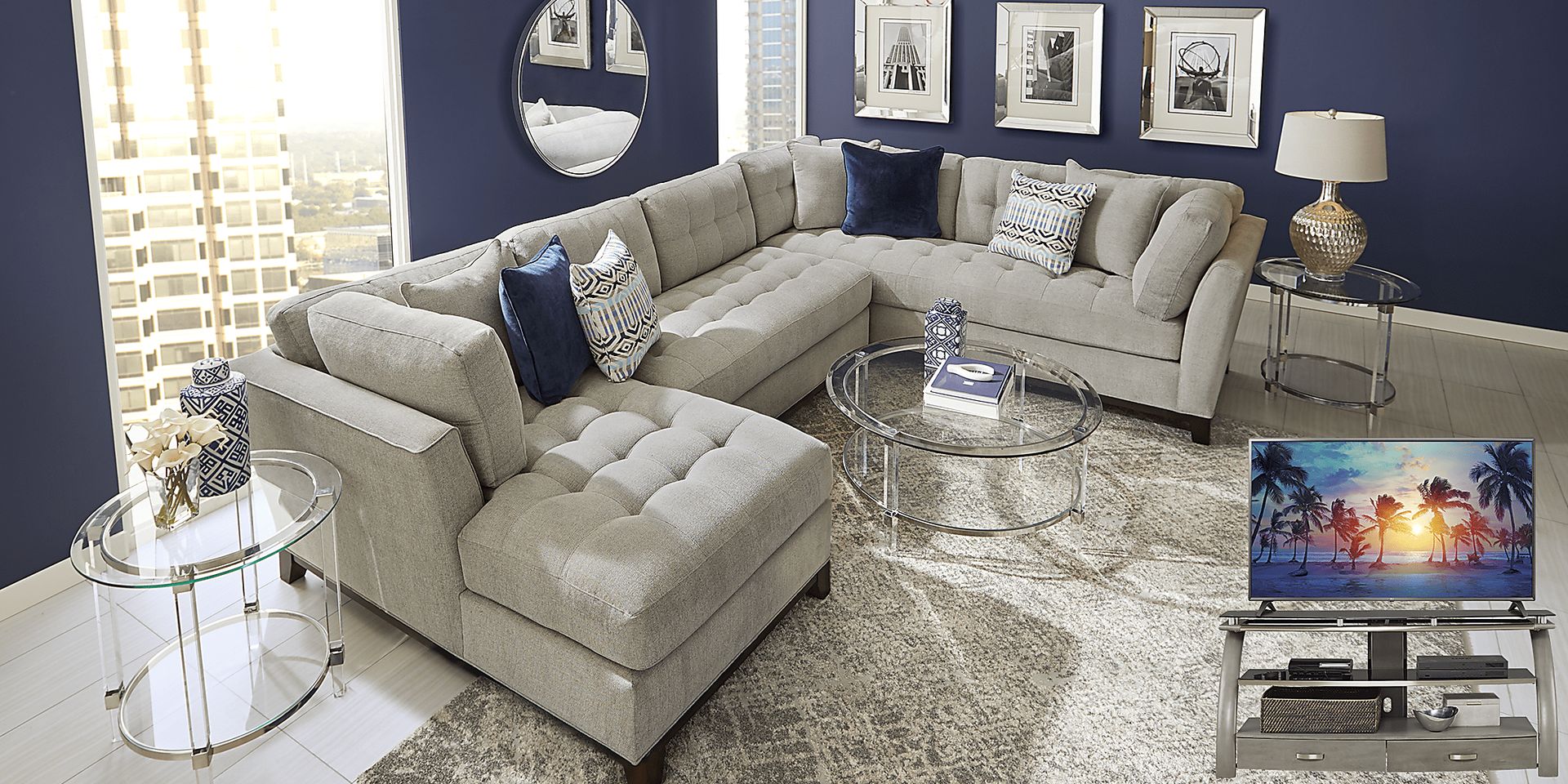 Cindy Crawford Home Metropolis Way Platinum Textured 5 Pc Sectional Living Room Plus 70 in. TV - Image 1