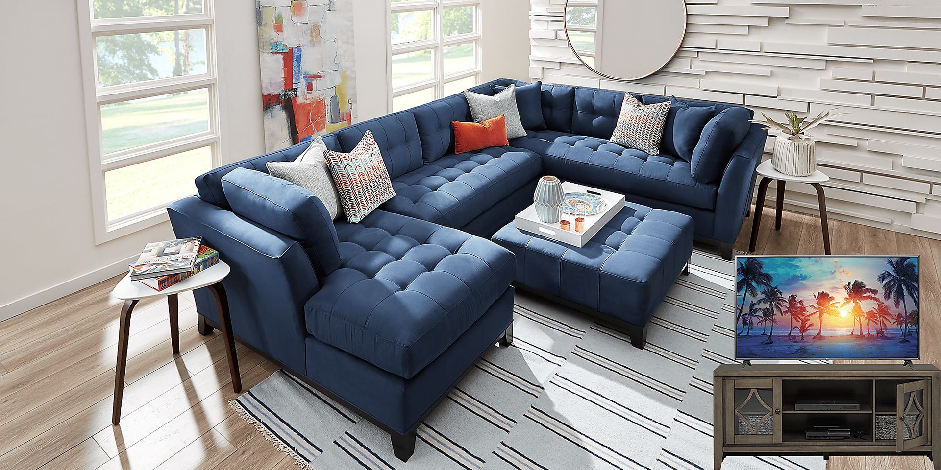 Cindy Crawford Home Metropolis Way Sapphire 5 Pc Sectional Living Room Plus 70 in. TV - Image 1