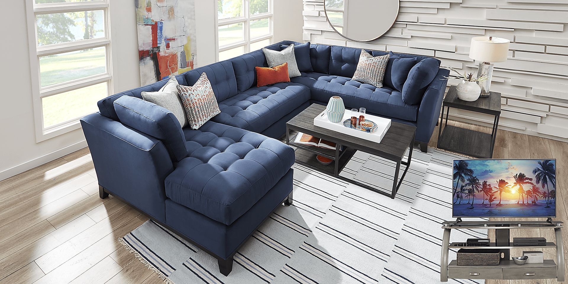 Cindy Crawford Home Metropolis Way Sapphire Microfiber 5 Pc Sectional Living Room Plus 70 in. TV - Image 1
