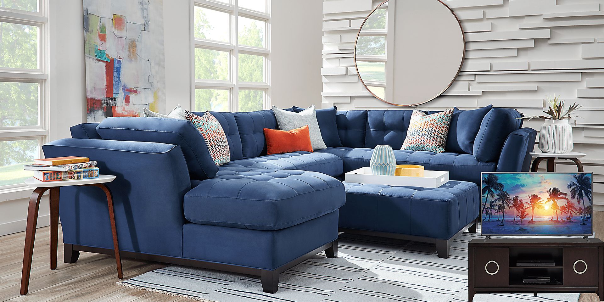 Cindy Crawford Home Metropolis Way Sapphire Microfiber 5 Pc Sectional Living Room Plus 70 in. TV - Image 1