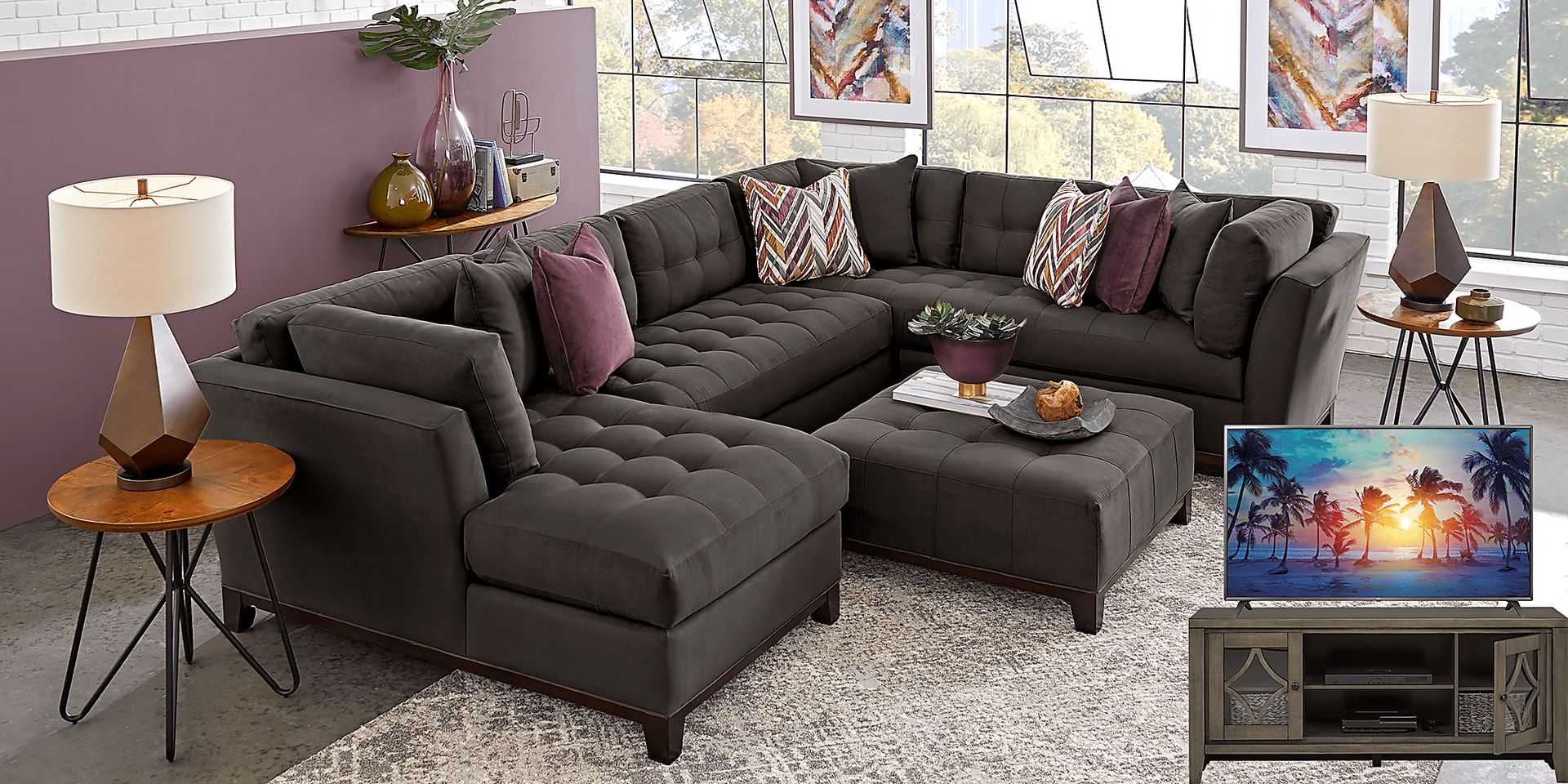 Cindy Crawford Home Metropolis Way Slate 5 Pc Sectional Living Room Plus 70 in. TV - Image 1