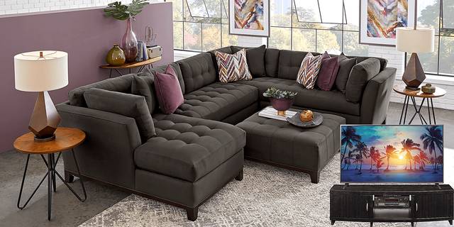 Cindy Crawford Home Metropolis Way Slate Microfiber 5 Pc Sectional Living Room Plus 70 in. TV - Thumbnail - Image 1