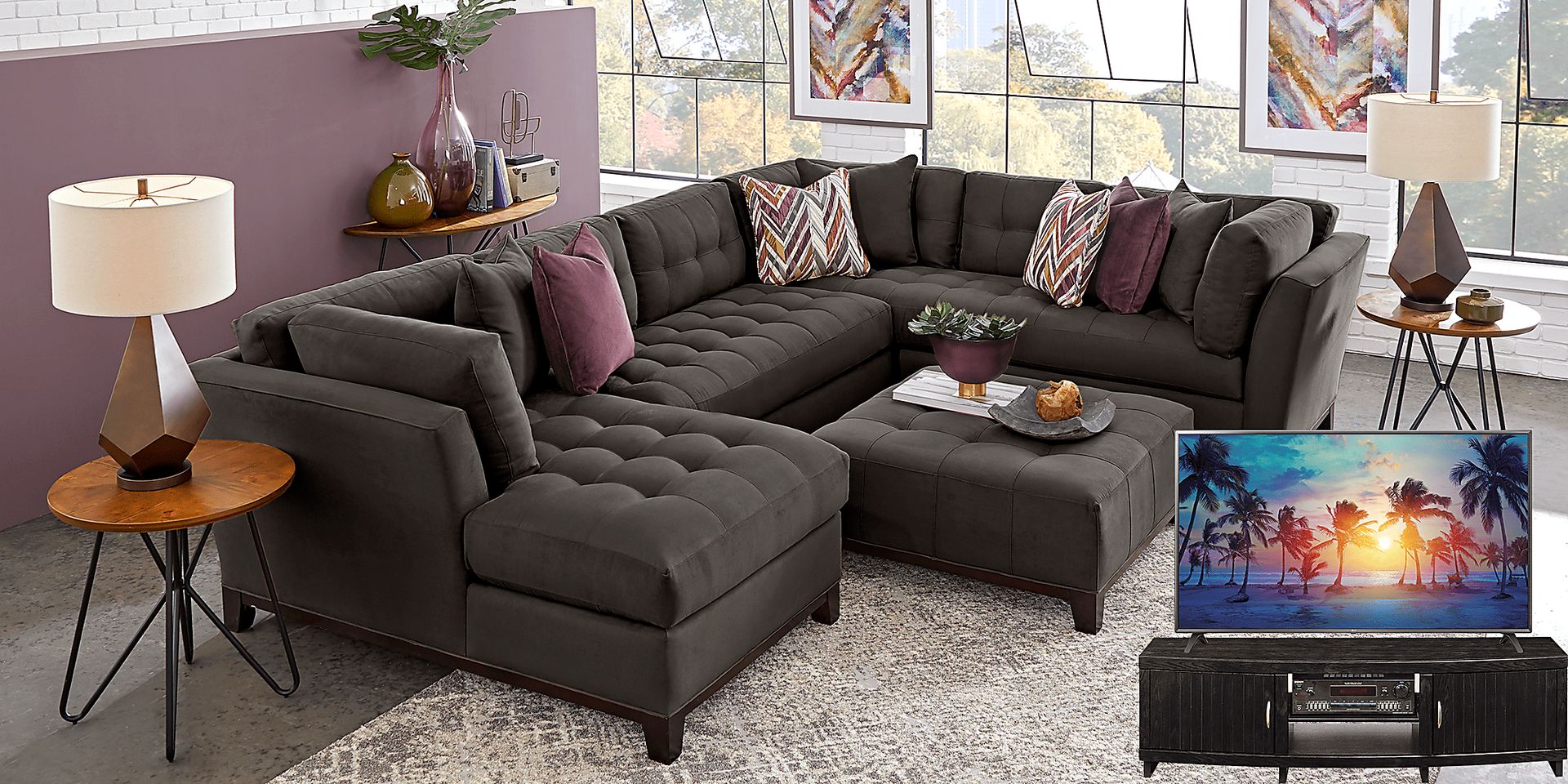 Cindy Crawford Home Metropolis Way Slate Microfiber 5 Pc Sectional Living Room Plus 70 in. TV - Image 1