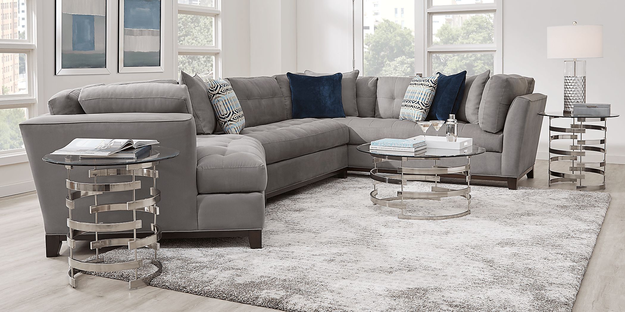 Cindy Crawford Metropolis Way Steel Gray Microfiber 3 Pc With Cuddler Left  Arm Sectional