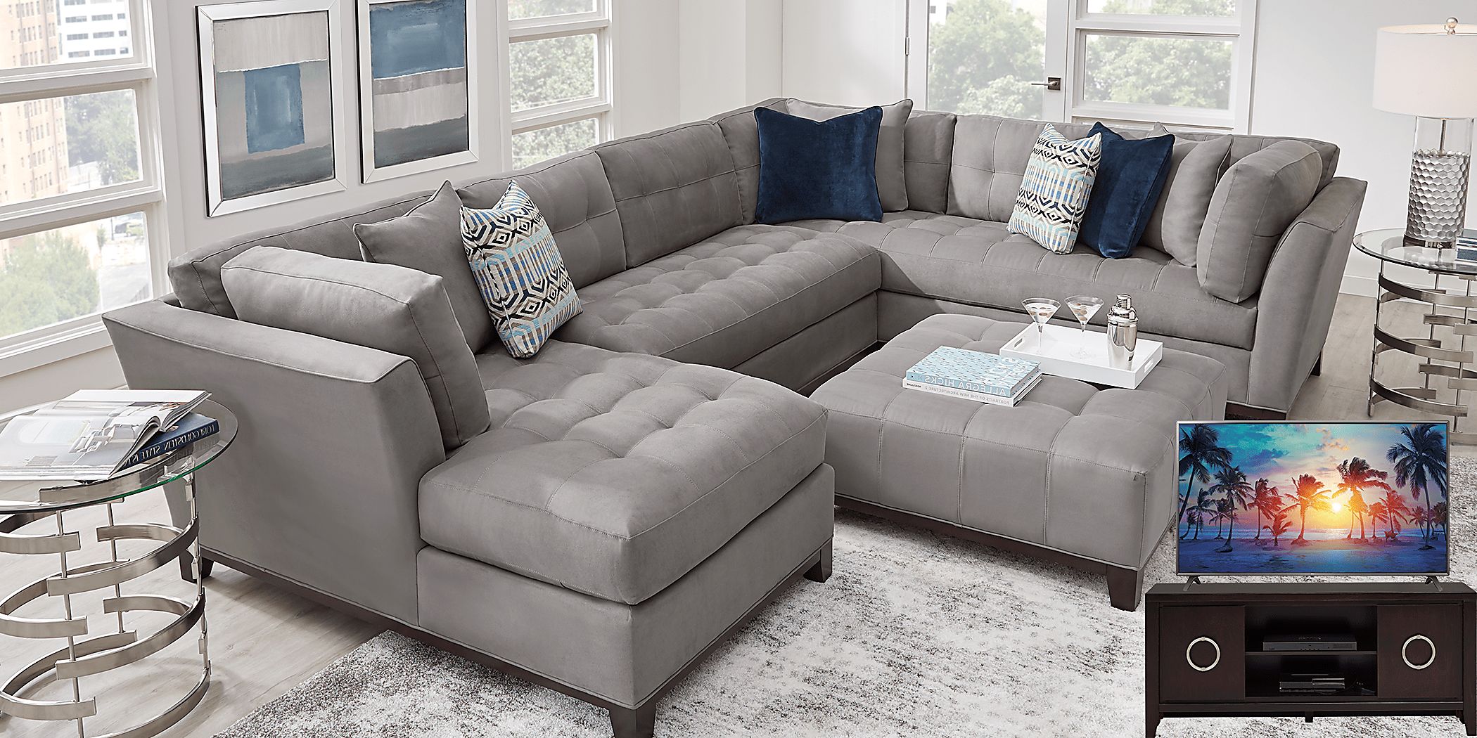 Cindy Crawford Metropolis Way 5 Pc Steel Gray Microfiber Living Room Set  With 3 Pc Left Arm Chaise Sectional, Cocktail Ottoman, Console, 70 In. Led  