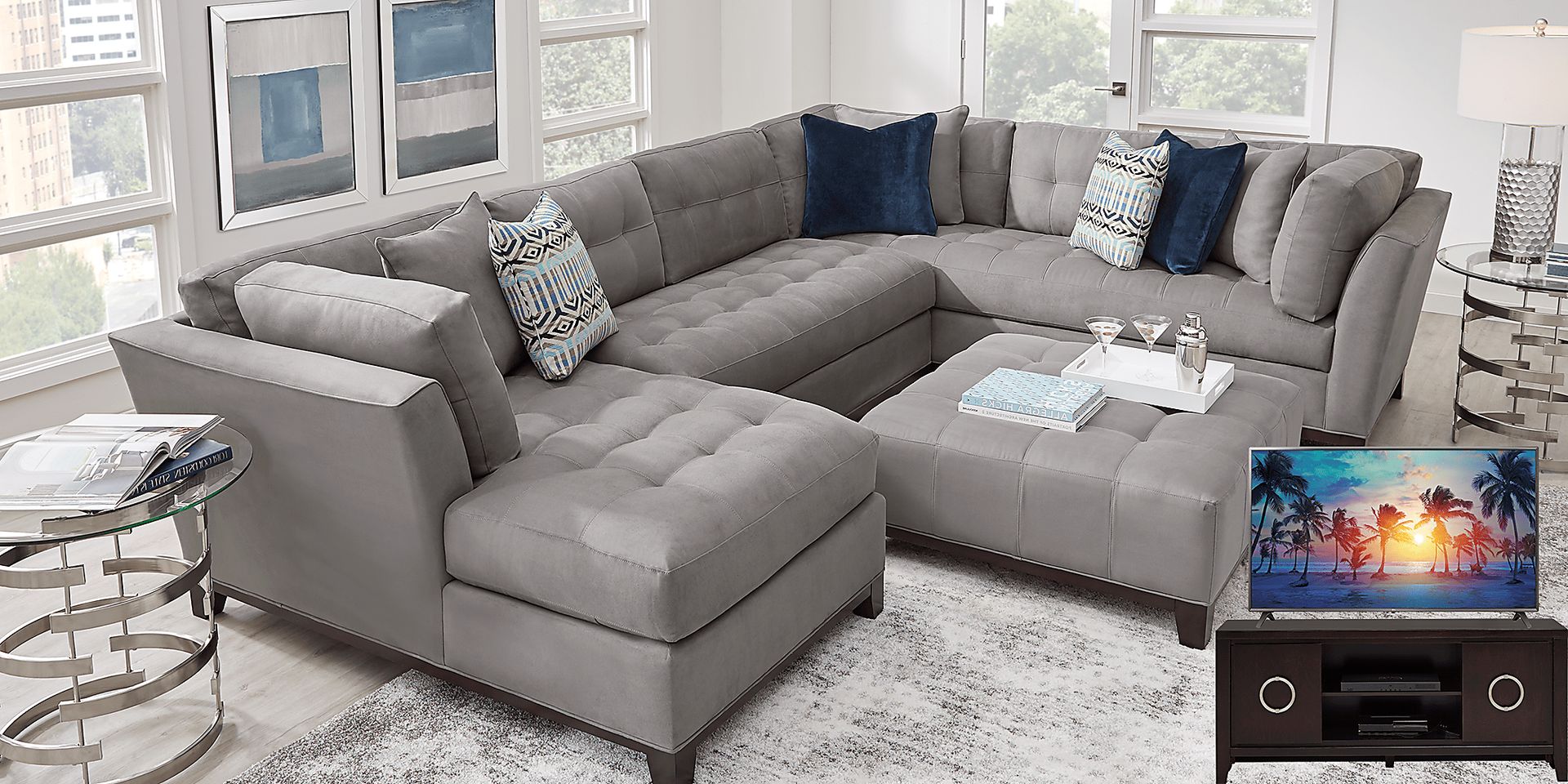 Cindy Crawford Home Metropolis Way Steel Microfiber 5 Pc Sectional Living Room Plus 70 in. TV - Image 1