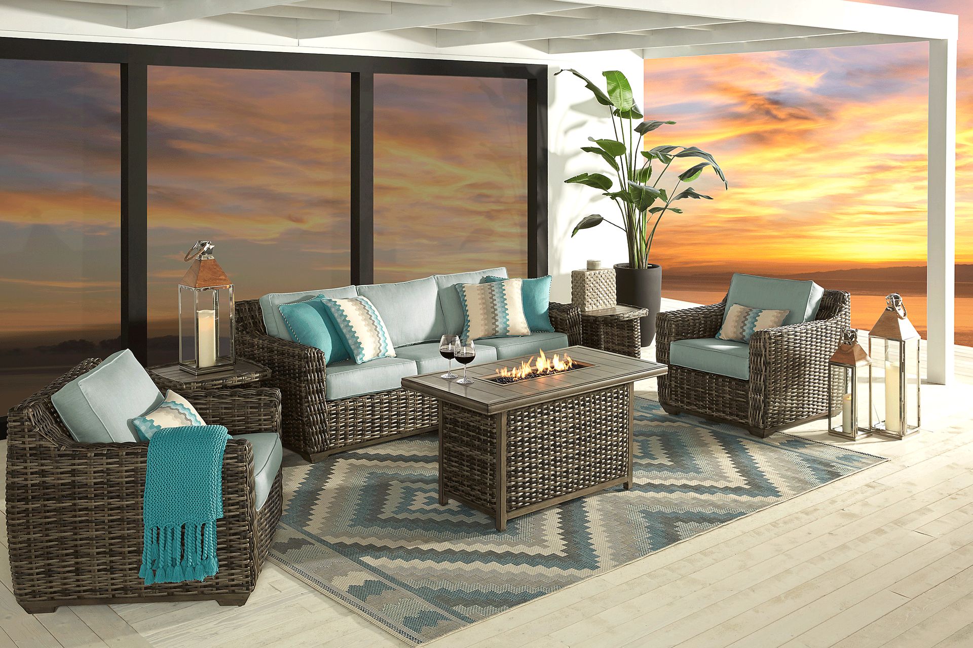 Cindy Crawford Home Montecello Gray 4 Pc Fire Pit Set with Seafoam Cushions - Image 1