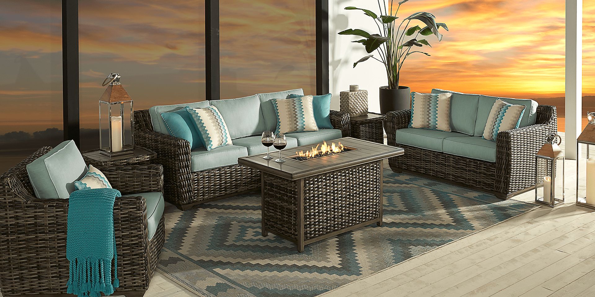 Cindy Crawford Home Montecello Gray 4 Pc Fire Pit Set with Seafoam Cushions - Image 1