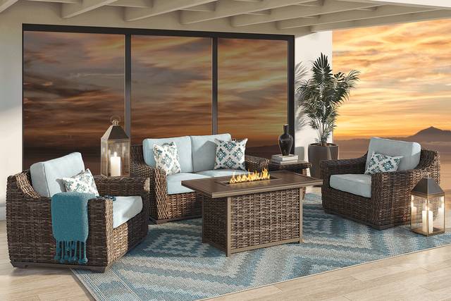 Cindy Crawford Home Montecello Gray 4 Pc Fire Pit Set with Seafoam Cushions - Thumbnail - Image 1