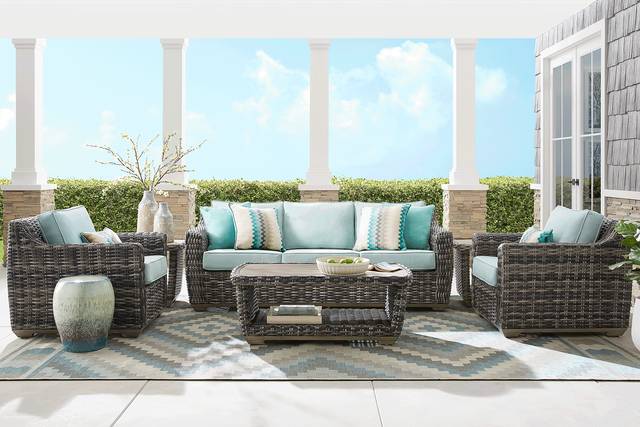 Montecello Gray Outdoor Sofa with Mist Cushions - Thumbnail - Image 2