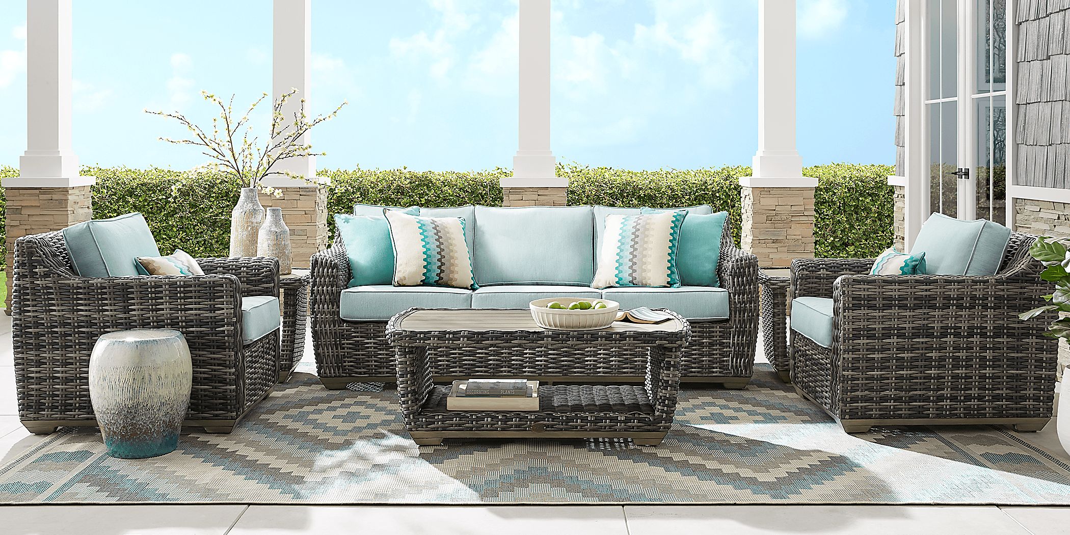 Cindy Crawford Home Montecello Gray Outdoor Sofa with Seafoam Cushions