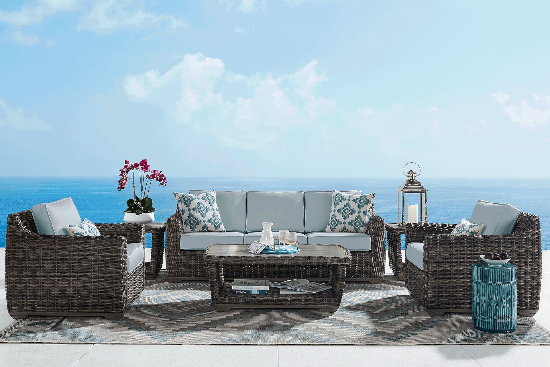 Montecello Gray 4 Pc Outdoor Seating Set with Mist Cushions - Image 1