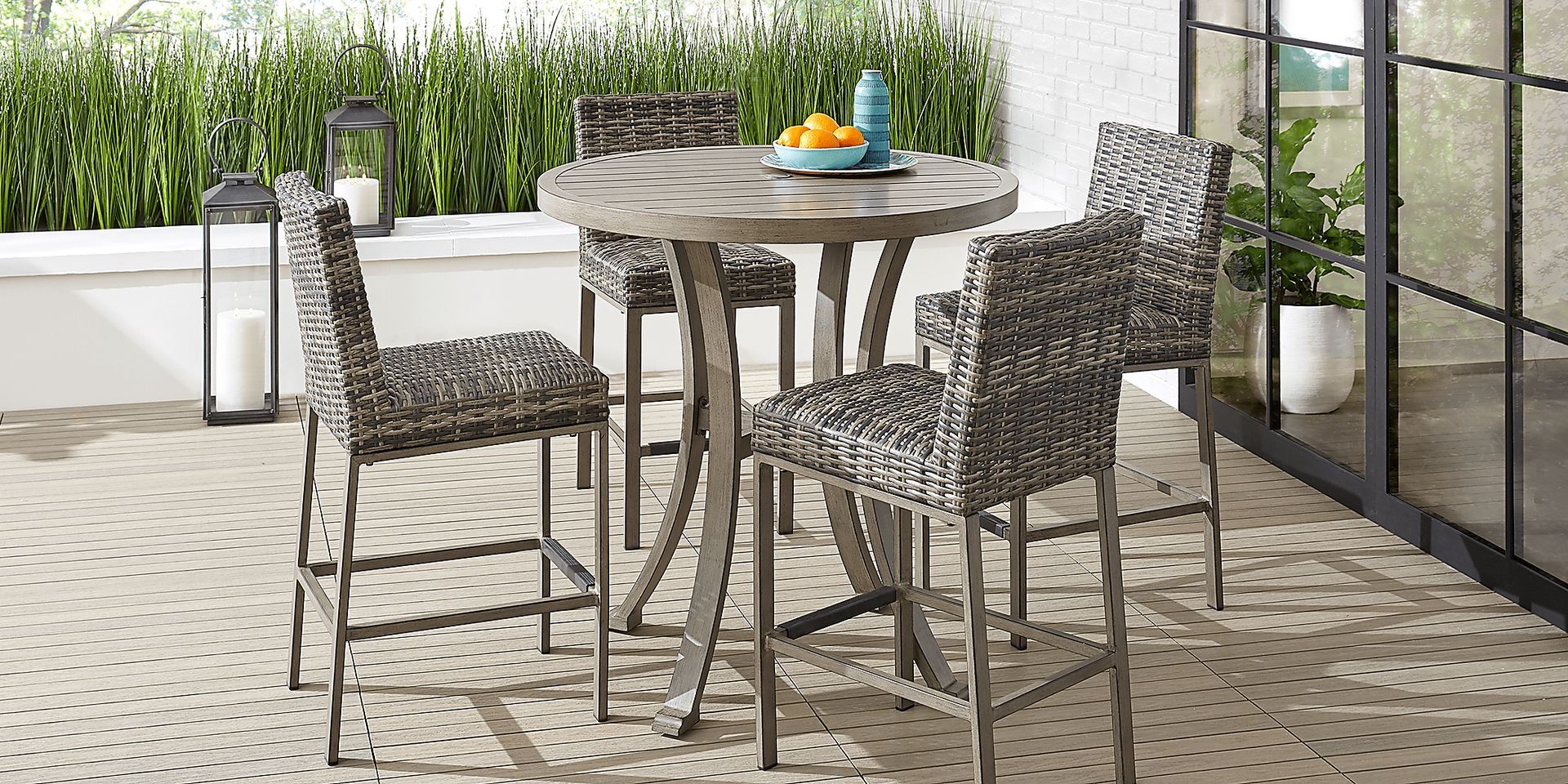 Cindy Crawford Montecello 5 Pc Wicker Outdoor Dining Set With 42 In Round Bar Height Table