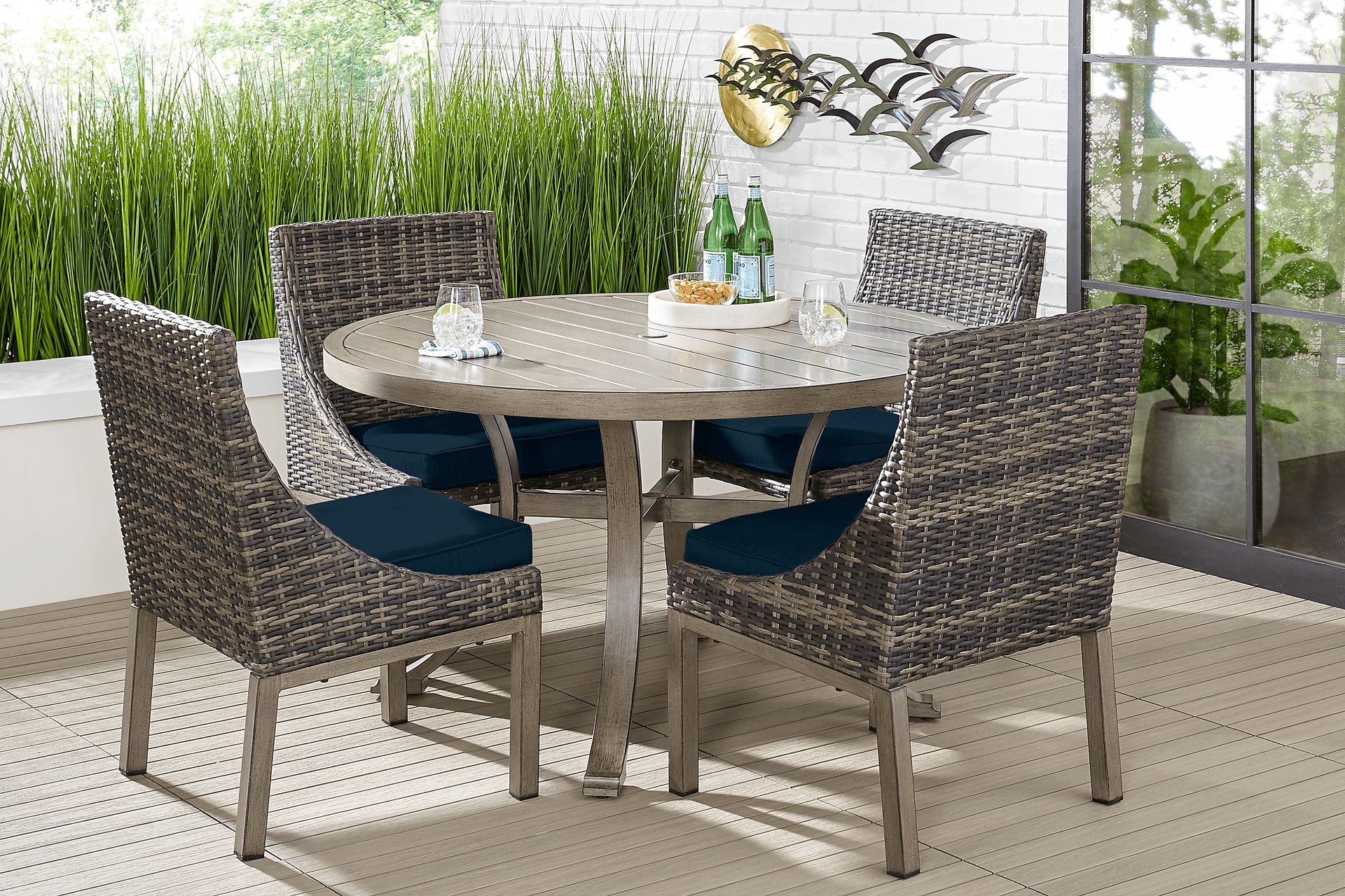 Cindy Crawford Home Montecello Gray 5 Pc 52 in. Round Outdoor Dining Set with Ink Cushions - Image 1