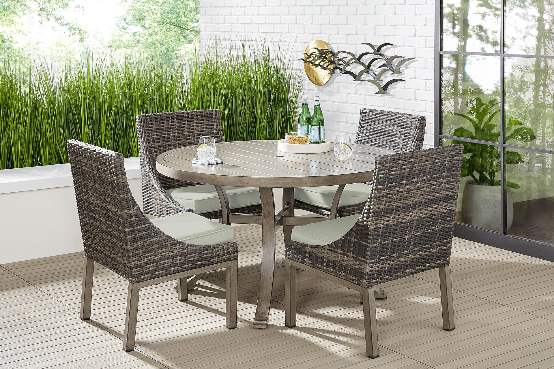 Montecello Gray 5 Pc 52 in. Round Outdoor Dining Set with Rollo Mist Cushions - Image 1