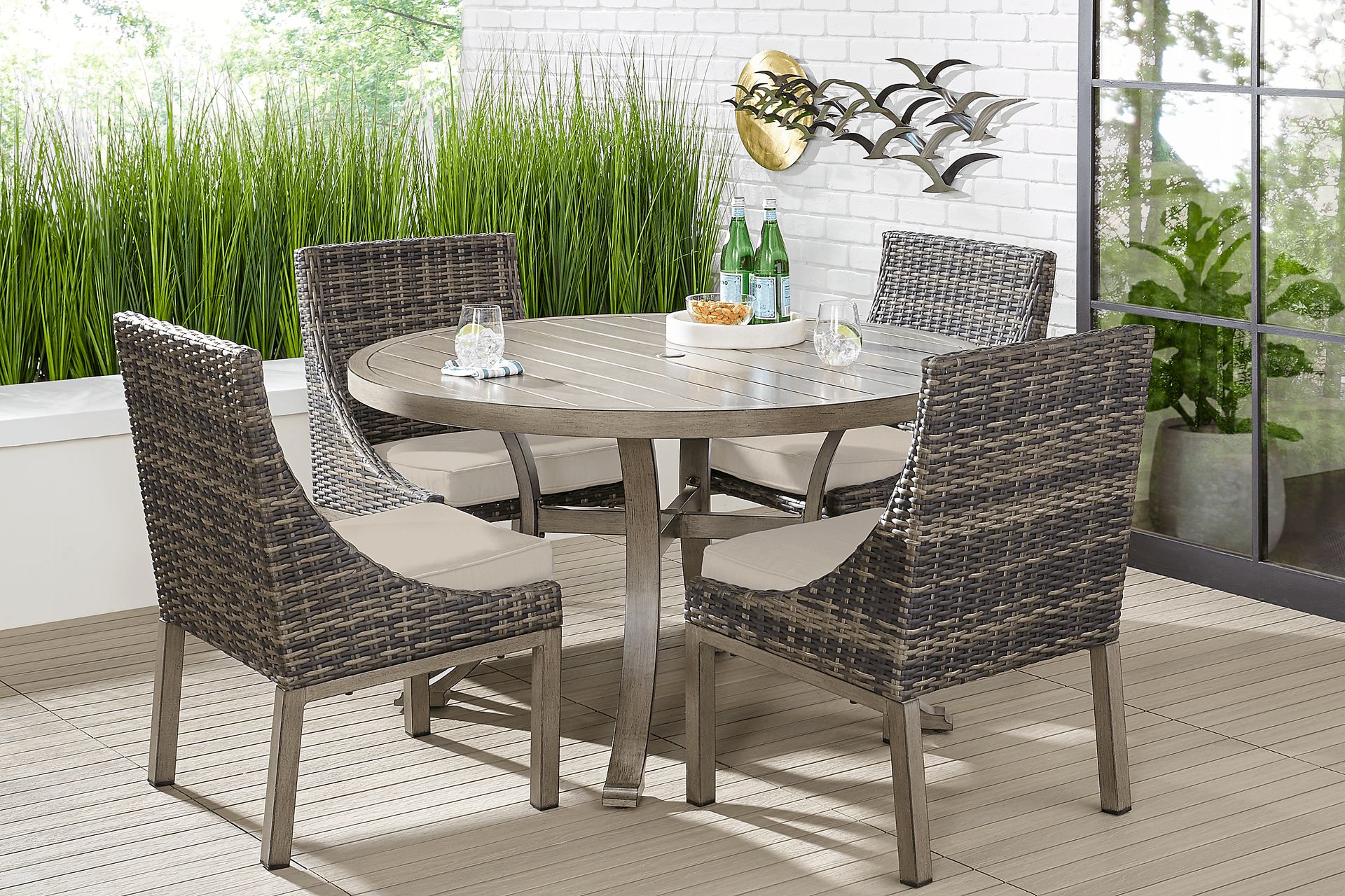 Cindy Crawford Home Montecello Gray 5 Pc 52 in. Round Outdoor Dining Set with Rollo Linen Cushions - Image 1
