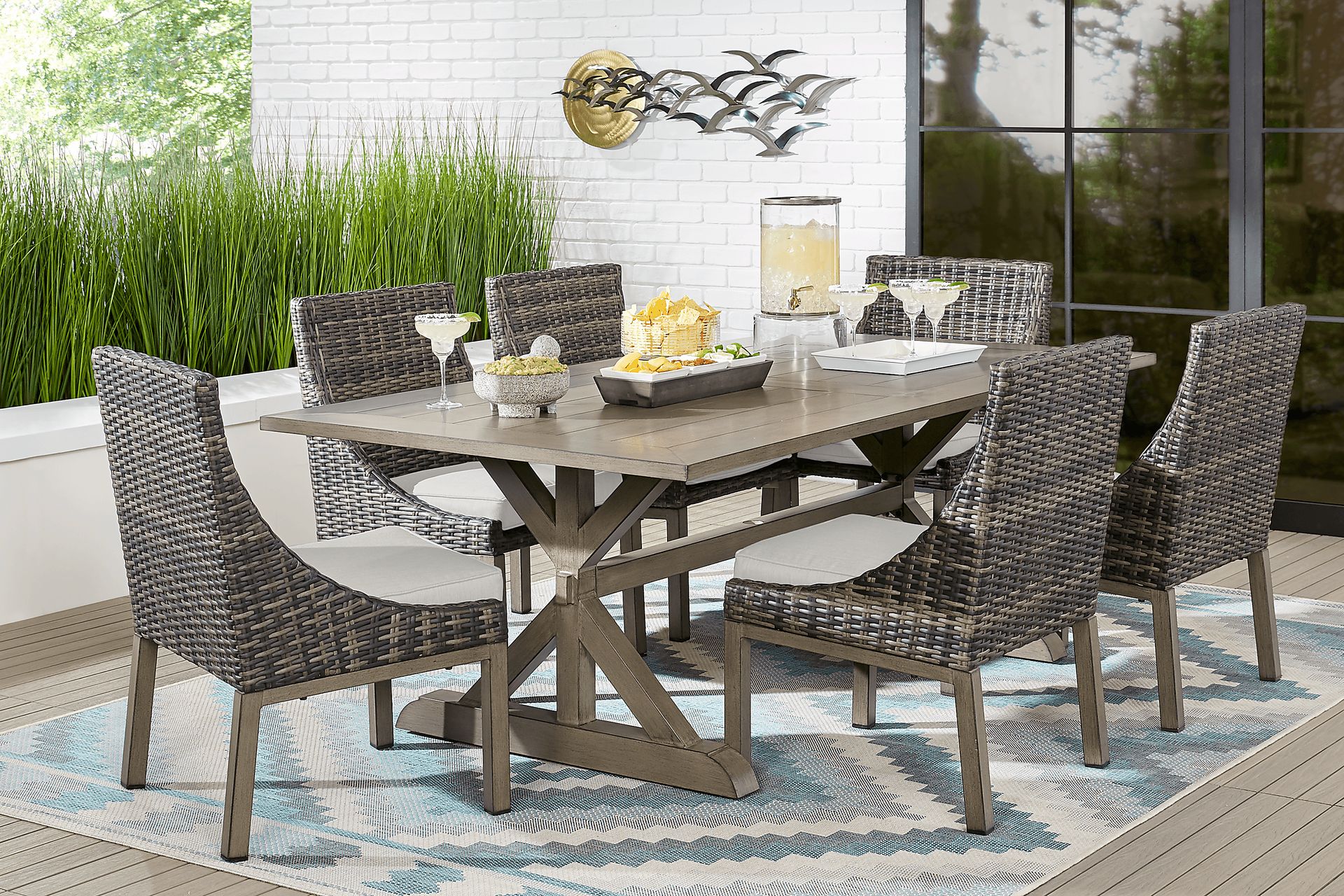 Cindy Crawford Home Montecello Gray 5 Pc Rectangle Outdoor Dining Set with Rollo Linen Cushions - Image 1