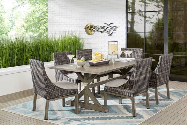 Montecello Gray 5 Pc 84 in. Rectangle Outdoor Dining Set with Silver Cushions - Thumbnail - Image 1