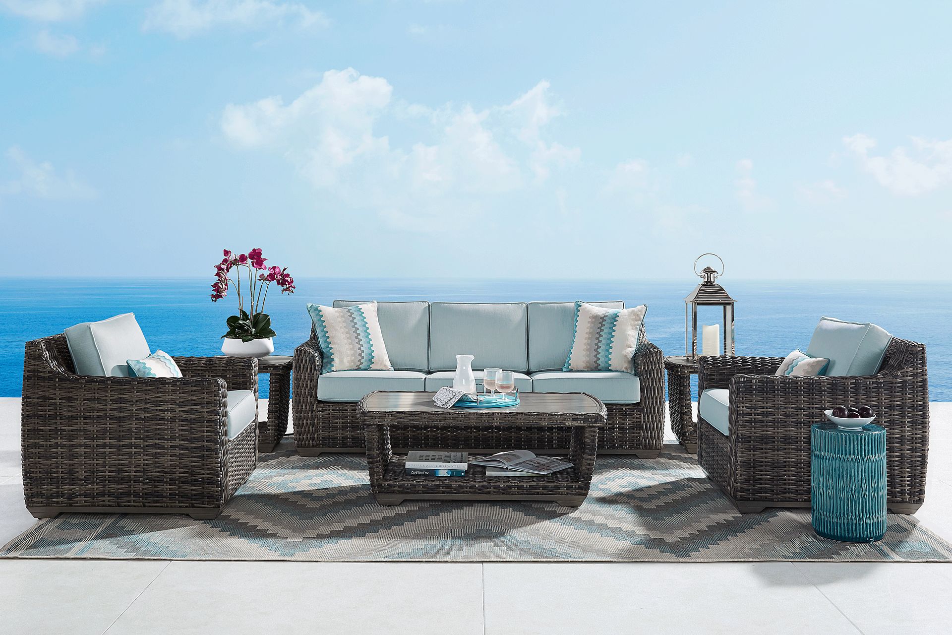 Cindy Crawford Home Montecello Gray 6 Pc Outdoor Seating Set with Seafoam Cushions - Image 1