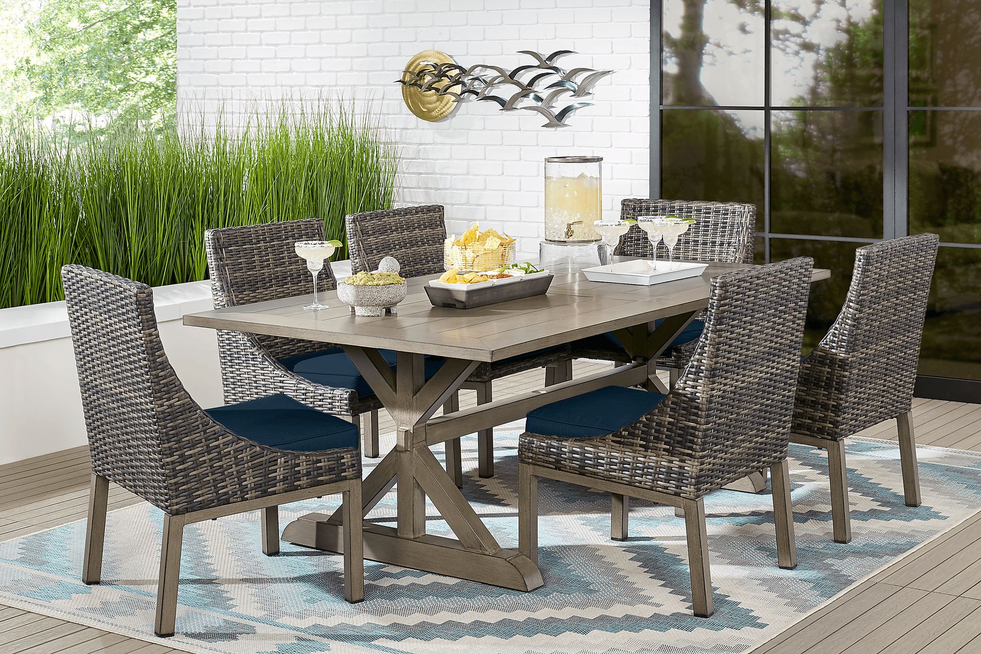 Cindy Crawford Home Montecello Gray 9 Pc 105 in. Rectangle Outdoor Dining Set with Ink Cushions - Image 1