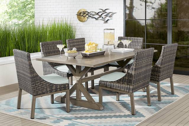 Montecello Gray 7 Pc Rectangle Outdoor Dining Set with Rollo Mist Cushions - Thumbnail - Image 1