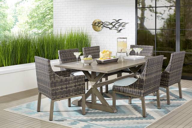 Montecello Gray 7 Pc 105 in. Rectangle Outdoor Dining Set with Mist Cushions - Thumbnail - Image 1