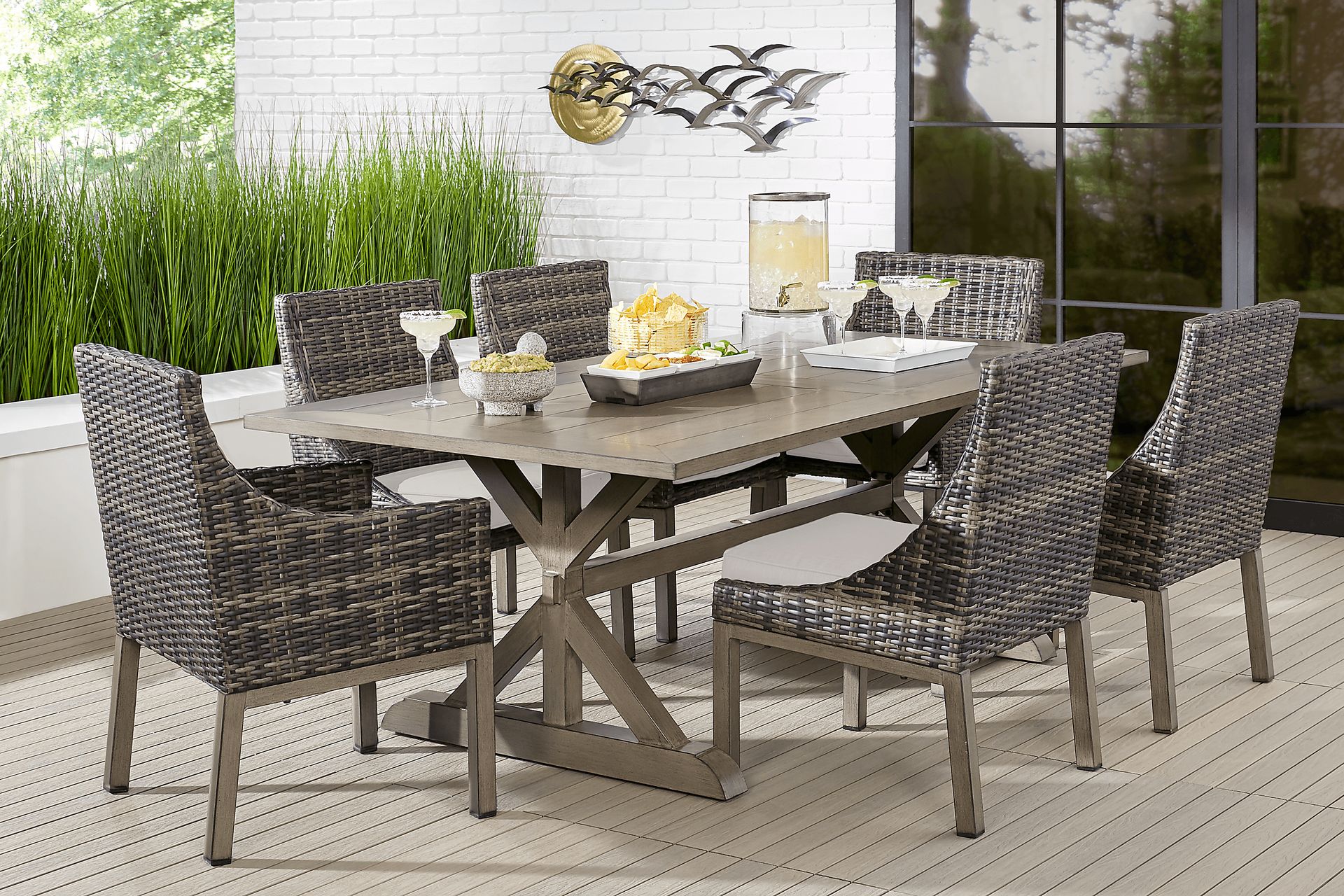 Cindy Crawford Home Montecello Gray 7 Pc Rectangle Outdoor Dining Set with Rollo Linen Cushions - Image 1
